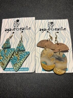 Turquoise and Gold Accent Drop and Wooden Drop Earrings.  Geometric Triangular